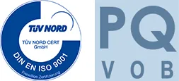 Zertifiziert nach DIN EN ISO 9001 (TÜV Nord) und präqualifiziert (PQ-VOB)